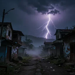 Abandoned streets of Kashmir in the year 4200AD, dark and misty, lightning storm, vibrant colors, by Stephen King, misty, moody, sinister, cinematic lighting, cinematic color grading, 8k render, hyperrealistic, ultra HD, Unreal Engine 5 render