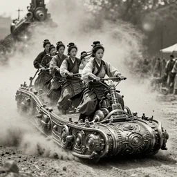 old vintage  photo of  Chinese ancient warrior female team  on the complex steam punk hooverboard,  extreme sports photography , dynamic photography, high speed,dirt and grawel flying in the spot,  lens flares, dust in the air, moody lighting, intricate, elegant, highly detailed, centered, smooth, sharp focus,  sports photography, old photo, black and white, sepia, cinematic lighting, cinematic angle,  national geographic