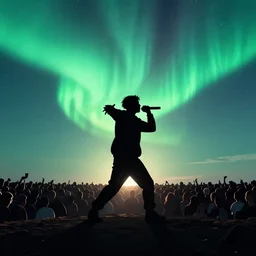 rapping into microphone, silhouette, huge crowd, outrun, hip hop, simple shapes, Aurora borealis, trending on Artstation, professional artist, detailed, 4k
