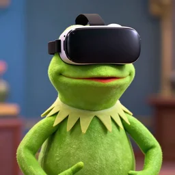 A photo of kermit the frog wearing VR, award winning photo, highly detailed, 4K
