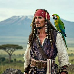 a proud pirate with a parrot on his shoulder, on the uhuru peak at the top of kilimanjaro, looking out over serengeti super detail, realistic professional photo
