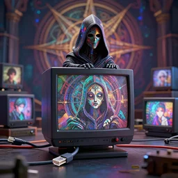 cinema 4 d matrix colorful, cult, crt, coded humanoid, hooded robbed satanic ceremony, ethernet cable, extremely detailed, insanely detailed and intricate, high detail, ordo templi orientis background, depth field, unreal engine, deep focus, movie still, dramatic lighting, by michal karcz and yoshitaka amano, 4 k concept art and hyper realism