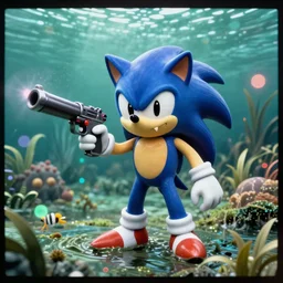 ektachrome medium format provia film still of a sonic the hedgehog blue swamp creature with fangs and claws holding a gun, warped VHS, anomorphic lens flare, creepypasta, 1986