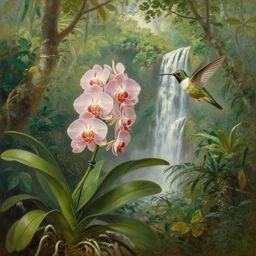 painting of a blooming spike of a miltonia orchid and a hummingbird in front of a jungle landscape with waterfall by martin johnson heade