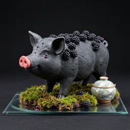 a pig - blackberry sculpture, glass blackberries, obsidian and and pumice and japanese glazed pottery, mounted on a glass platform, moss, berry juice droplets, black background, zen,
