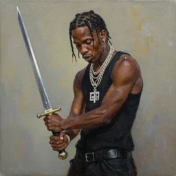 travis scott holding a sword, painting