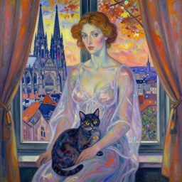 close portrait of woman in transparent vaporous night gown with cat, with city with gothic cathedral seen from a window frame with curtains. autumn light, vivid iridescent psychedelic colors. munch, egon schiele, henri de toulouse - lautrec, utamaro, monet, agnes pelton, lucas cranach