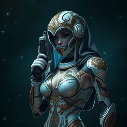 sexy egineer ornate feminine cyborg in full body skin space suit, arab helmet, concept art, joshua rife, gun, intricate, highlydetailed, space background, artstation 4 k raytracing, shadows, highlights, illumination