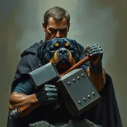 rottweiler holding mjolnir, very sharp, detailed, high quality, by greg rutkowski, artgerm