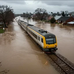 Dashcam footage of a train driving through a flood