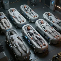 cybernetic pods, individual healing pods, humans sleeping, elaborate, highly detailed, dim lighting