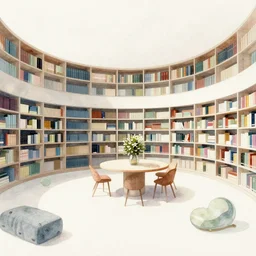 library interior design, intricate watercolor solarpunk illustration by tim doyle