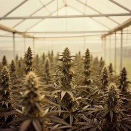 cannabis greenhouse with harvest at sunrise, old photo