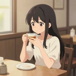 a girl sitting on a dinner having tea, lo - fi, anime style