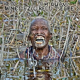 wise zulu elder has a sharp line of teeth. my teeth are sharp. there is a lake in the foreground with water reflections.