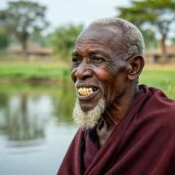 wise zulu elder has a sharp line of teeth. my teeth are sharp. there is a lake in the foreground with water reflections.