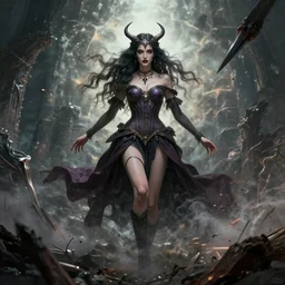 Baphomet as a beautiful lady coming to earth, causing chaos and destruction