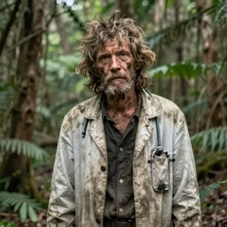 A feral and dishevelled doctor in his natural habitat. He is in his forties and wearing a dirty worn out doctor\'s coat. 4K, National Geographic photograph