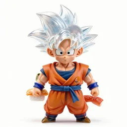 goku with translucent, transparent, clear hair that is dressed up as a sushi in a sushi costume