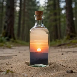 a forest with a sunset in a bottle, on the sand, realistic photo, professional photo, lighting, well detailed, 8k