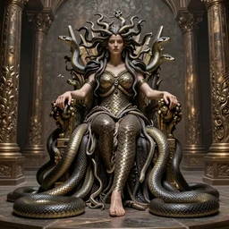 queen medusa, lots of snakes, realism, realistic, full body, standing in epic throne room, body covered with scales, wide angle