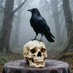 a Raven standing on human skull on a table in a foggy forest, by Casey Baugh, Steve Caldwell, Gottfried Helnwein, and Artgerm, 8k resolution, masterpiece work.