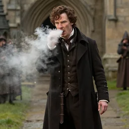 a photo of benedict cumberbatch dressed as sherlock holmes investigating who the fuck farted, grim facial expression, high medieval fantasy, full color digital art, cinematic shot, portrait, wide shot.