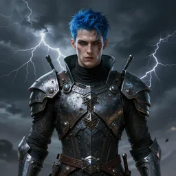 portrait of beautiful gothic and futuristic young man, more thunderstorm, cyber armor, a lot of scars,, blue head, the middle ages, highly detailed, artstation, illustration, art by jean delville, 8 k quality, art by greg gandy