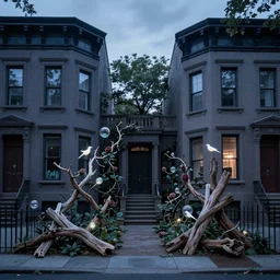 between two 1 9 th century brooklyn brownstone buildings, a surreal small twilight driftwood - sculpture garden, thorny rose - brambles, lambent bubble - birds, tiny mystery, tiny magic, serene overcast atmosphere, midnight - blue, cel - shading, cinematic, edge - to - edge print, rendered by studio ghibli, alyssa monks, andreas rocha, david kassan