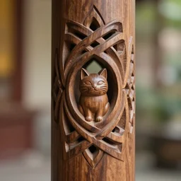 scanstation 3 5 mm of wood carving norse style knots in walnut temple pillar, hidden smiling cat easteregg, still, 8 k, bokeh
