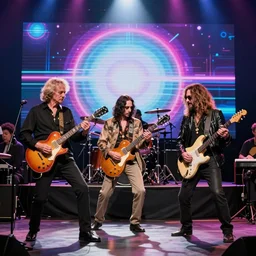 full band photo with eric clapton and frank zappa and tab benoit, epic guitar duel, iconic photo, vaporwave light show, snl stage, 1 5 mm with the nikon 8 - 1 5 mm f / 3. 5 - 4. 5
