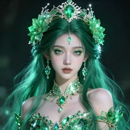 portrait of wonderful princess of emeralds with fair skin, green flowers, ornate, 8 k, gorgeous, intricate, detailed, glowing white accent lighting, dramatic lighting, octane render
