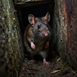cinematic colorful horror artwork by artgerm, beksinski, mark brooks, stephen king ; real life full portrait of ugly furry mouse using hidden narrow passage inside wall sloping downwards, footfall ; dark ominous scary, 8 k hdr, creepy intricate ; volumetric dramatic lighting, insanely detailed, haunting