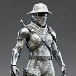 focused 3 d rendering of marble and chrome statue of ninja wearing full face mask and hunter hat, no pose, combat suit, technological, octane render