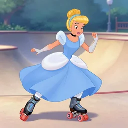 cinderella in the style of the disney animated film aggressive inline skating on rollerblades at a skate park