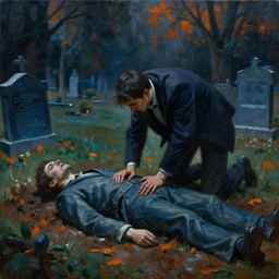 one man in a cemetery digging up a dead body, by nicola samori, painting, 8 k, high detail, medium blue, orange, and dark green tones, high quality, sad feeling, high detail, dark colors, sinister atmosphere, dramatic lighting, cinematic, establishing shot, extremely high detail, photo realistic, cinematic lighting