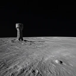 landscape photography of the lunar surface and the blackness of space on the horizon, there is one terrifying medieval tower on the left