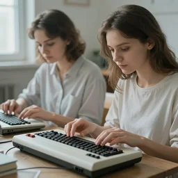 two women assembling a comodore 64 in Ukraine. dreamy and ethereal. photography