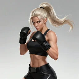 a highly detailed illustration of fierce ponytail platinum blonde woman wearing black mma gear and gloves, dramatic boxing stance pose, fairly muscular, athletic, intricate, elegant, highly detailed, centered, digital painting, artstation, concept art, smooth, sharp focus, league of legends concept art, WLOP