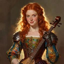 portrait of a beautiful young women with red hair and freckles, slight smile, renaissance colorful dress, leather armor, music instrument in hand, backlit, digital painting by Michael Whelan and and boris vallejo, dnd illustration, trending on Artstation, sfw