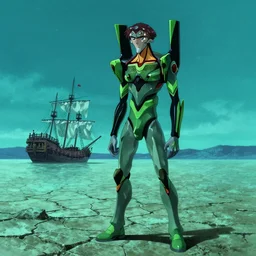 turquoise moonlight, a green pirate stands beside his wrecked carrack at the bottom of a dried - up lake in a turquoise desert beneath a starless night sky, evangelion, kyoto animation still, intricately detailed features, digital painting, yoshiyuki sadamoto