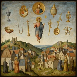 a medival painting of holy objects flying above a medival town.