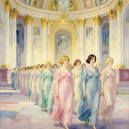 a procession of women in an abandoned ivory and gold soviet temple, watercolor by ivan biblin, by hammershøi, art noveau, highly detailed, lights by edward hopper, liminal, eerie, bright pastel colors