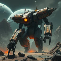 rusty mecha conquering planet against human, dynamic lighting, cinematic, establishing shot, extremely high detail, foto realistic, cinematic lighting, intricate line drawings, post processed, concept art, artstation, matte painting, style by raphael lacoste, eddie mendoza