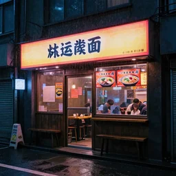 exterior of an open cyberpunk ramen place during a rainy night