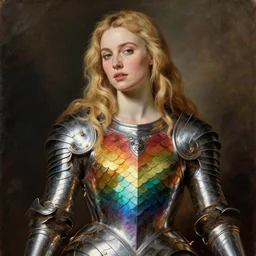 blonde seductive saoirse ronan, wearing rainbow scales armour, oil painting by titian, hard focus