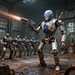 robot mad scientist in a huge rusty warehouse, creating a robot army, raygun gothic, atomic punk, digital art, octane render, 4 k, 8 k, 3 2 k uhd