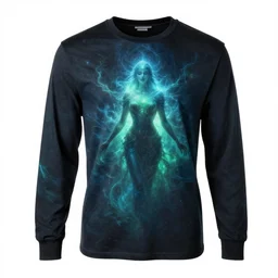 ethereal long sleeve t shirt made of blue and green light, divine, cyberspace, mysterious, dark high-contrast concept art