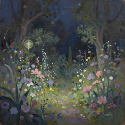 a gorgeous, fantastic, magic night garden landscape by michael kidd, trending on artstation, oil on canvas, dull colors, low contrast, pastel colors