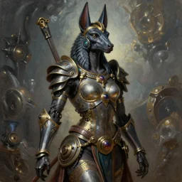 Mystical Atlantean Cyborg, Regal, Realistic, Refined, full portrait of a beautiful female Anubis Valkyrie Warrior, Detailed Digital Art, Oil Painting, William-Adolphe Bouguereau, Steampunk, Walt Disney (1937), Josephine wall, dynamic lighting, very beautiful, character illustration by Art Frahm, François Boucher, Highly Detailed, Cinematic Lighting, Unreal Engine, 8k, HD